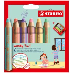 STABILO woody 3v1 barvice Pastel 6 kos Set v kartonski embalaži z strgalnikom